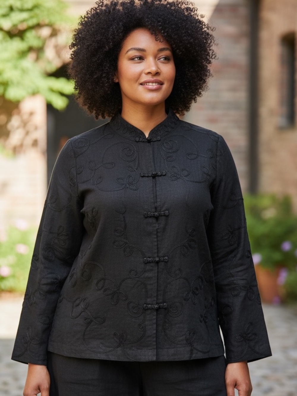 SUSAN GRAVER LINEN BLEND BLACK APPLIQUE MANDERIN-COLLAR FROG CLOSURES JACKET 3X